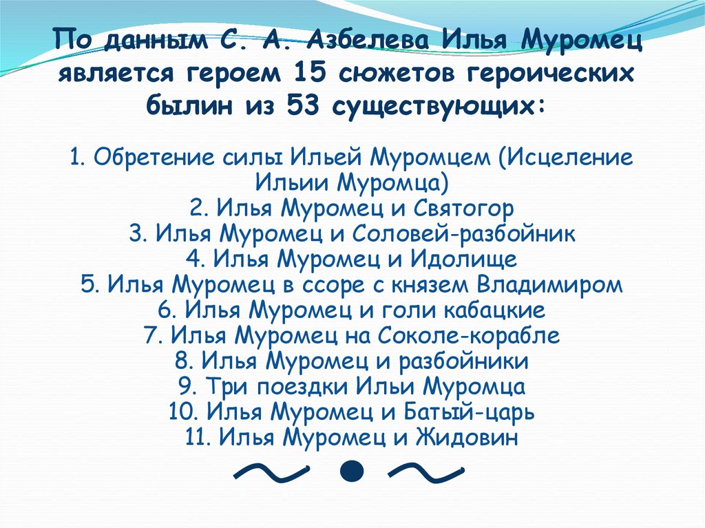 1 По данным С. А. Азбелева Илья Муромец является героем 15 сюжетов героических былин из 53 существующих: