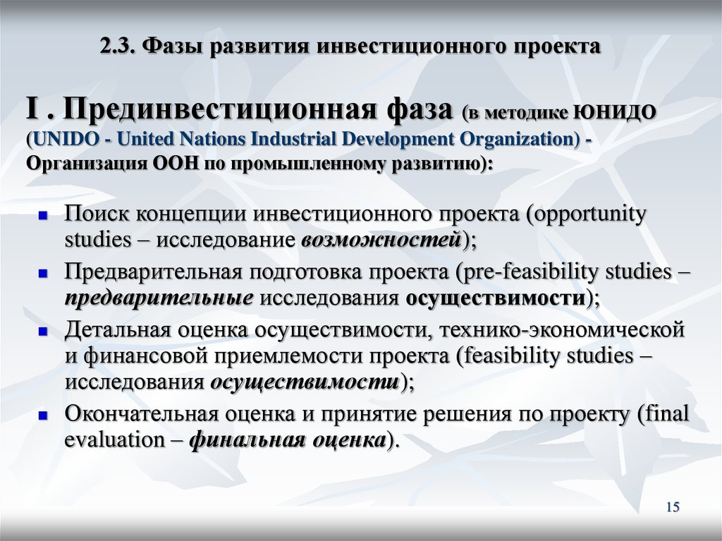 В соответствии с подходом оон юнидо выделяют такие фазы проекта