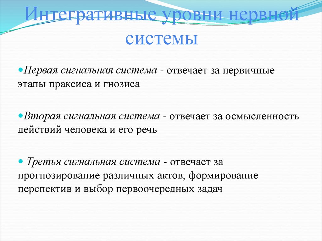 Третья сигнальная система. Уровни нервной системы. Уровни нервной системы человека. За интегративные функции ЦНС отвечают.