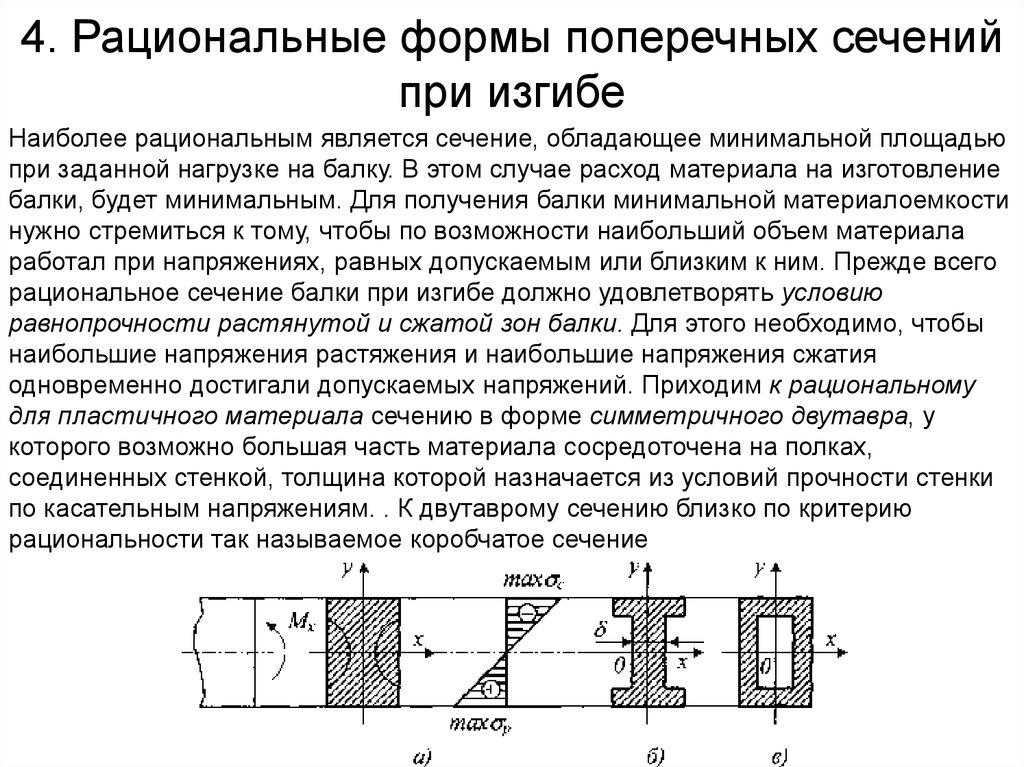 Сечения стенки. Рациональная форма поперечного сечения балки при изгибе. Рациональные формы сечения балок при изгибе. Рациональные формы поперечных сечений при изгибе. Наиболее рациональной формой поперечного сечения балки при изгибе.