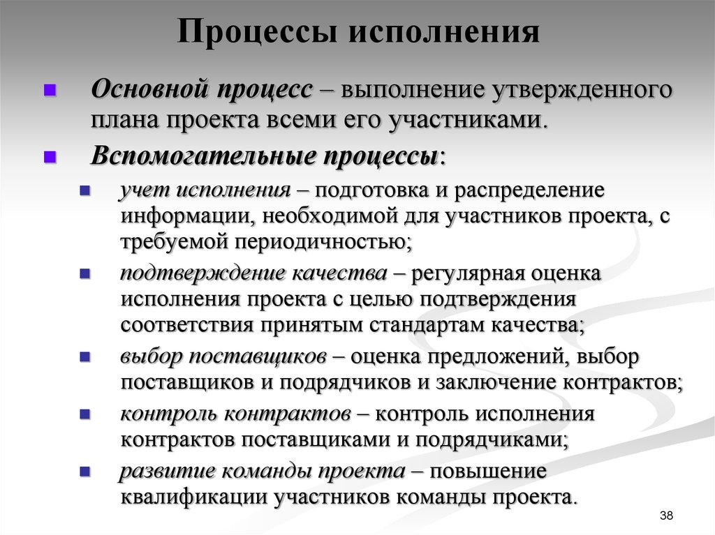 Процесс соблюдения. Процесс исполнения. Основные процессы исполнения проекта. Процесс контроля исполнения проекта. Процесс выполнения проекта.