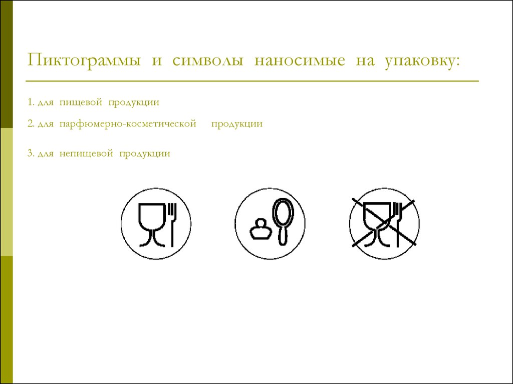 Пиктограммы и символы наносимые на упаковку: 1. для пищевой продукции 2. для парфюмерно-косметической продукции 3. для непищевой продукции