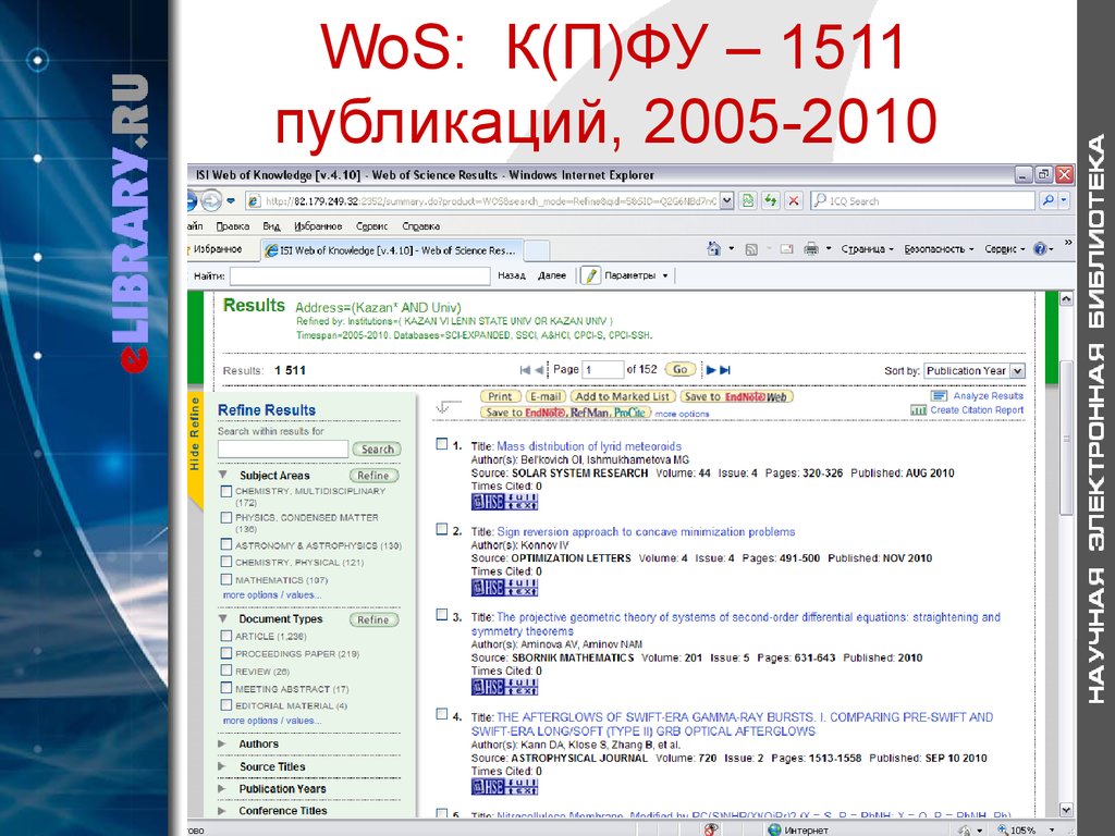 WoS: К(П)ФУ – 1511 публикаций, 2005-2010