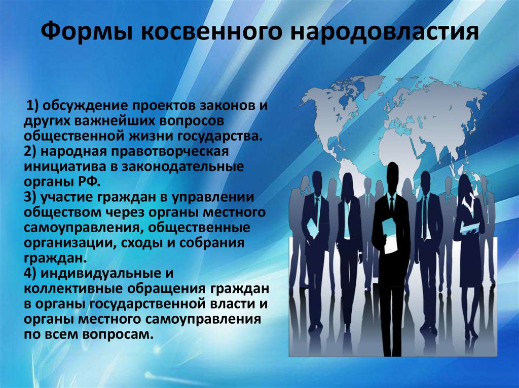 Организация общественной жизни. Формы косвенного народовластия. Участие граждан в управлении. Формы косвенное участие граждан в управлении. Формы косвенной демократии.