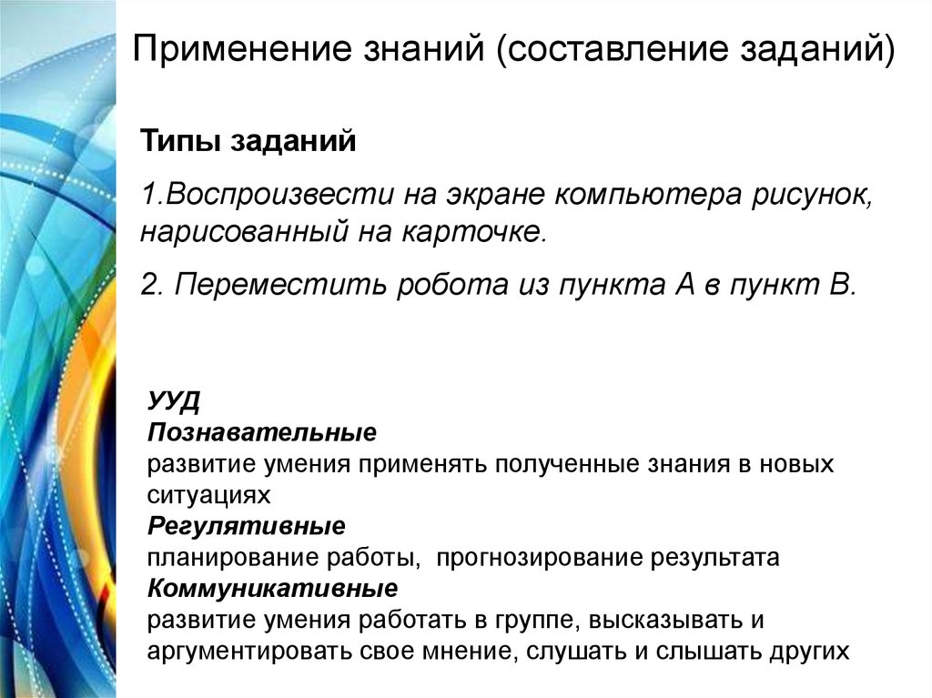 Применение знаний. Типы заданий воспроизводящий. Задания на применение знаний. Применение полученных знаний презентация.