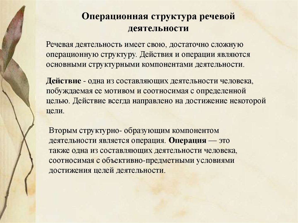 Речевая структура. Операционная структура речевой деятельности. Операции речевой деятельности. Структура речевого действия. Структура операционного компонента деятельности.