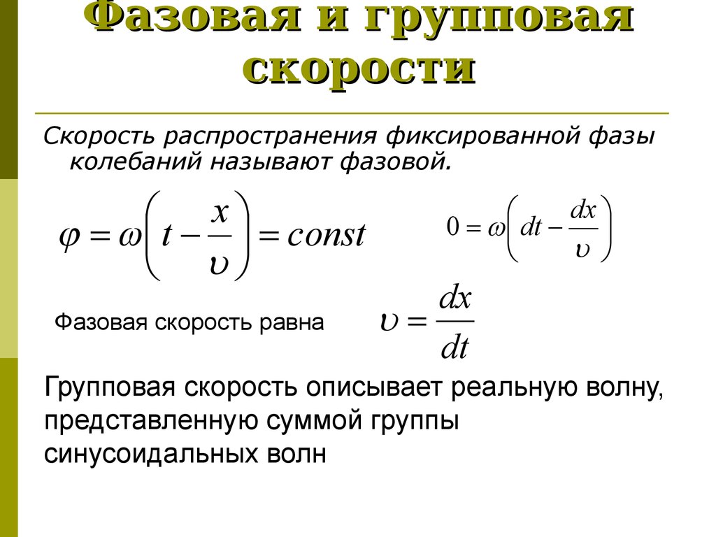 Какую скорость распространения. Фазовая и групповая скорости. Групповая скорость и фазовая скорость. Фазовая скорость и дисперсия волн. Понятие о фазовой и групповой скорости..