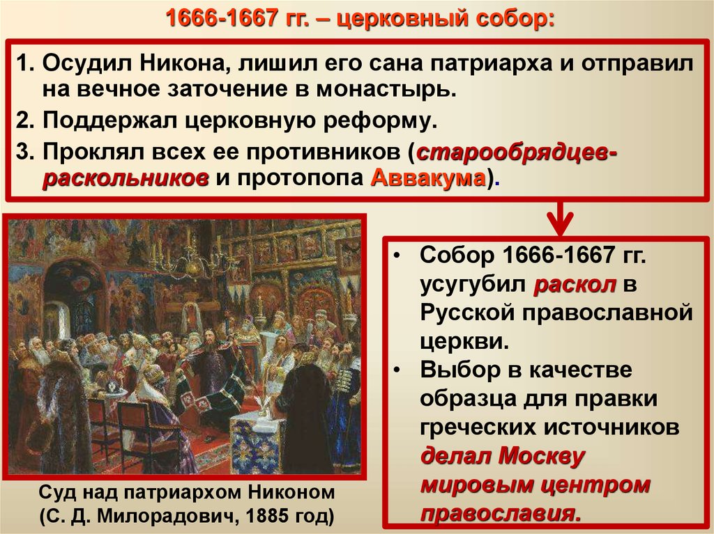 Начало церковной реформы патриарха никона. Московский собор 1666-1667. Церковный собор 1666-1667 гг постановил. Таблица раскол церкви 1666-1667. Церковная реформа Никона.