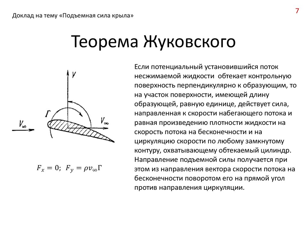 Подъемная сила. Теория Жуковского о подъемной силе крыла. Формула Жуковского для подъемной силы. Жуковский подъемная сила крыла. Формулировка теоремы Жуковского.