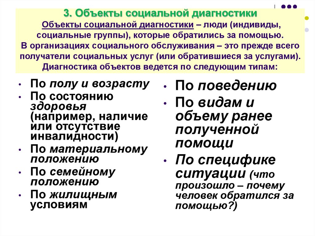 Субъекты социального объекта. Объекты социальной диагностики. Основные объекты социальной работы. Этапы социальной диагностики. Диагностика в социальной работе.