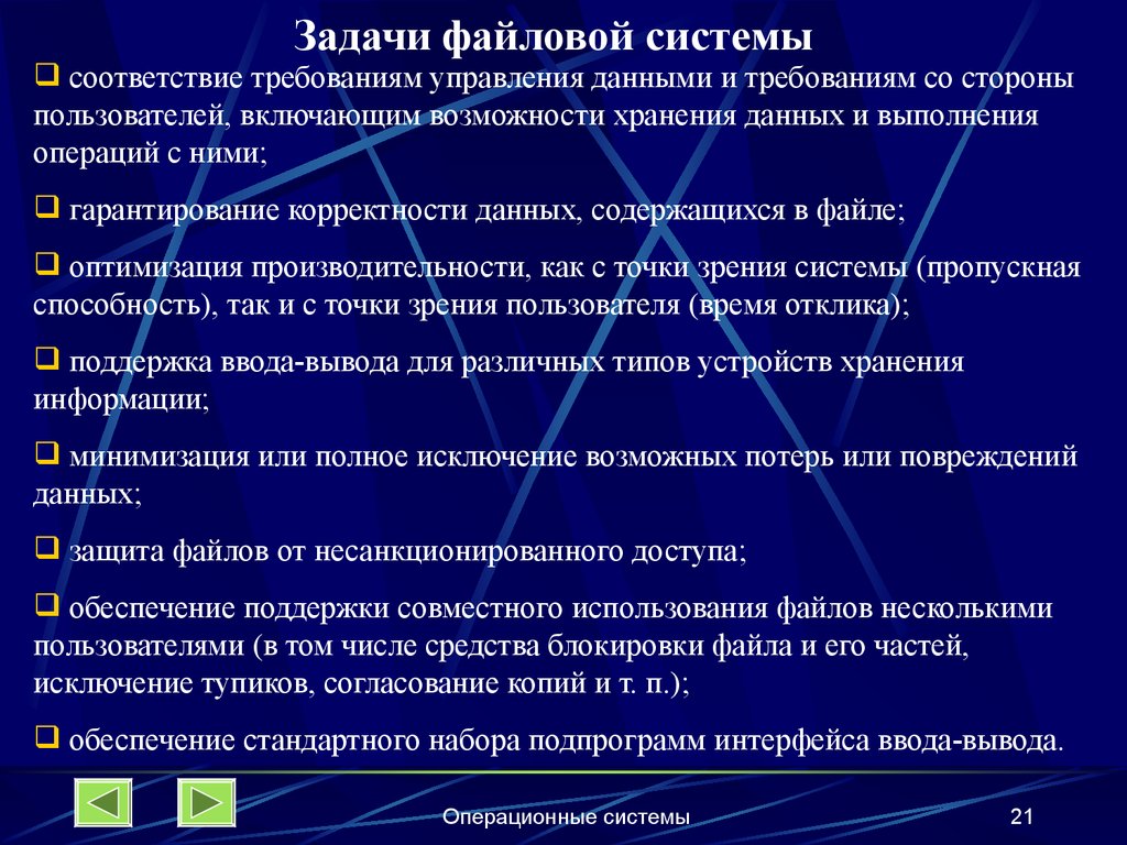 Файлы содержащие информацию пользователя. Задачи файловой системы. Задачи управления данными. Цели и задачи файловой системы. Задачи операционных систем.