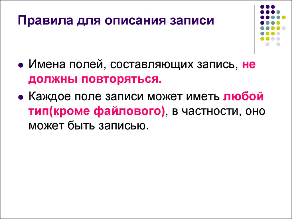 Описание записи. Правила запись названия. Служит для записи названий. Как описать запись. Могут ли повторяться имена полей записи наименования типов полей.