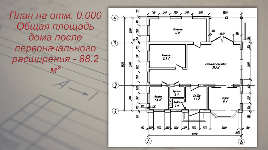 План на отм. 0.000 Общая площадь дома после первоначального расширения - 88.2 м²