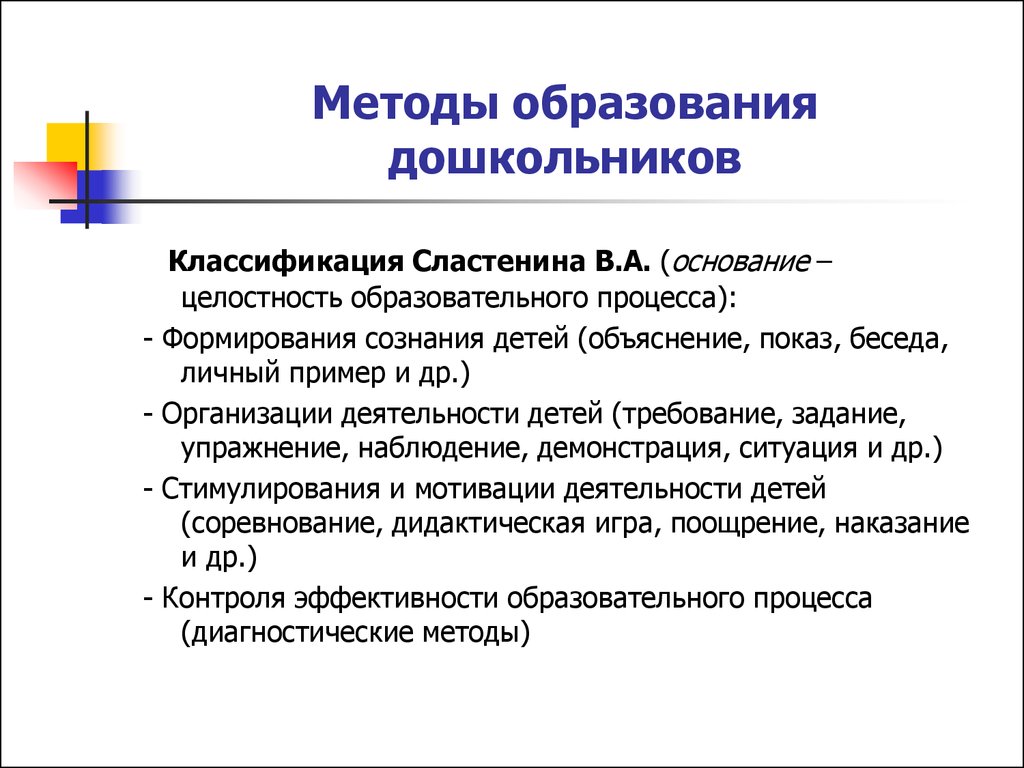 Методы дошкольного обучения. Методы дошкольного образования. Методы дошкольного воспитания. Классификация методов воспитания Сластенин.