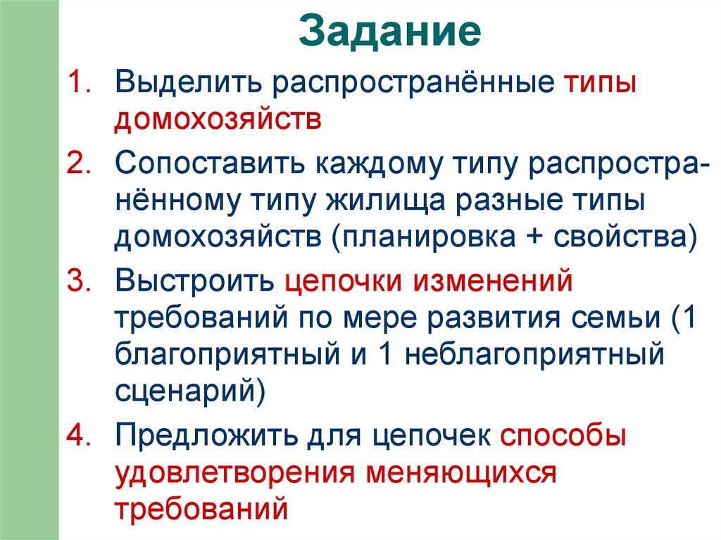 Выделенные распространенные. Свойства домохозяйства. Типы домохозяйств. Требования к жилищу кратно.