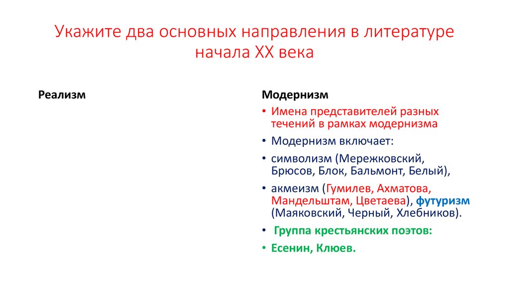 Укажите два основных направления в литературе начала ХХ века