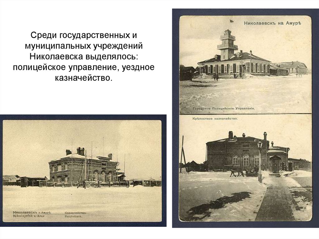 Среди государственных и муниципальных учреждений Николаевска выделялось: полицейское управление, уездное казначейство.