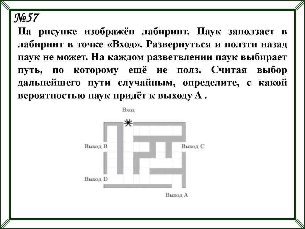 На рисунке изображен лабиринт паук заползает в лабиринт в точке вход к выходу d