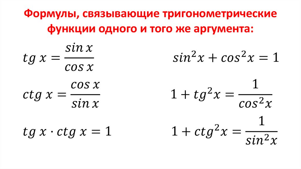 Соотношения между функциями одного аргумента. Формулы зависимости между тригонометрическими функциями. Формулы зависимости тригонометрических функций. Тригонометрические функции числового аргумента формулы. Формулы соотношений между тригонометрическими функциями.