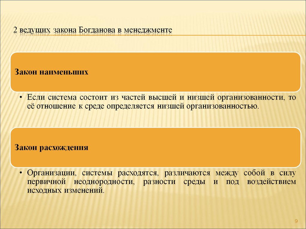 Закона мала. Законы организации закон наименьших. Закон наименьших Богданова. Второй закон Богданова. Закон расхождения Богданова.