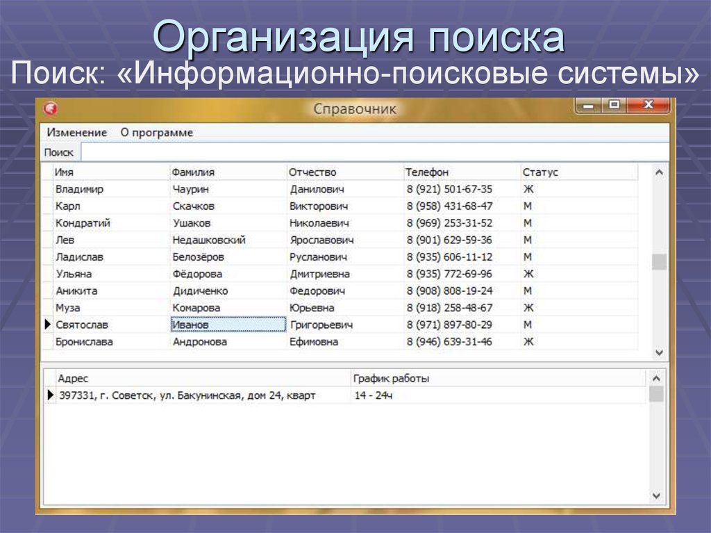 Найти организацию. Организация поиска поиска поиска. Поиск организации. Организация информационно-поисковой системы. Простейшая информационная Поисковая система.