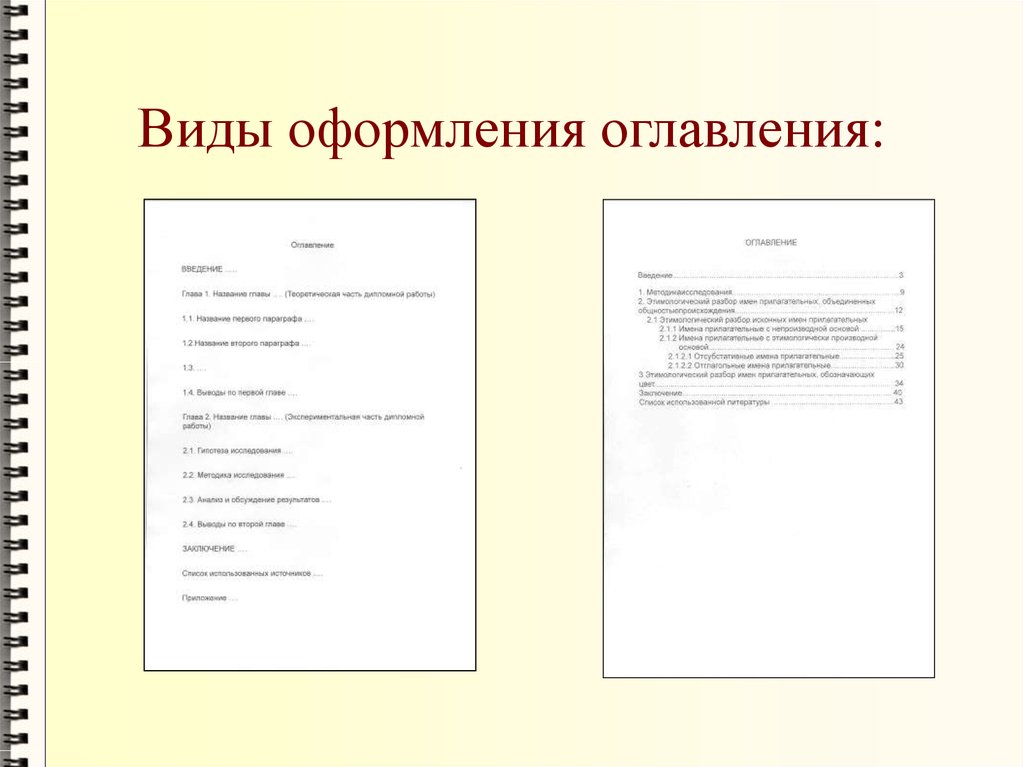 Была оформлена в виде. Виды оглавлений. Виды оформления содержания. Виды оформления подзаголовка. Оформление листа содержания.