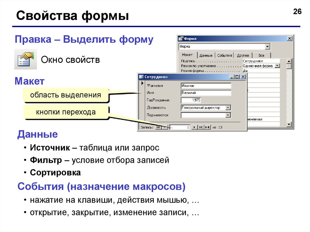 Виды редактирования. Свойства в БД access. Макет формы БД. Источник данных для формы. Источник данных для формы access.