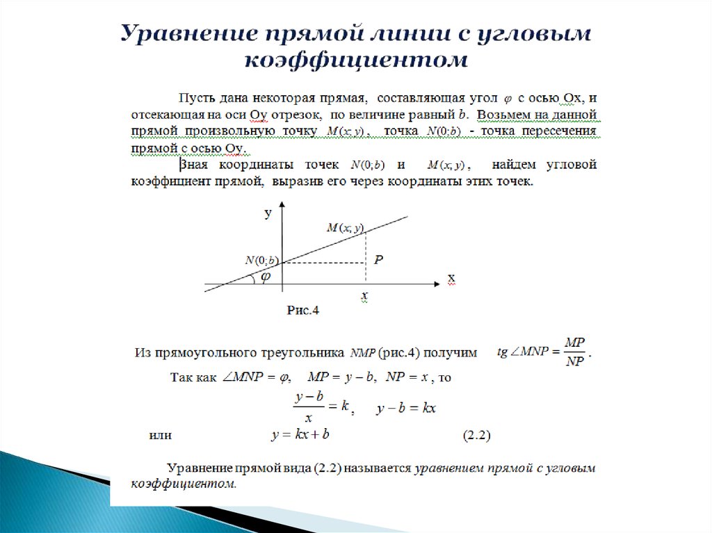 Напишите уравнение прямой 5 19. Вывод уравнения прямой с угловым коэффициентом. Угловой коэффициент прямой аналитическая геометрия. Уравнение прямой геометрия формула. Уравнение прямой с угловым коэффициентом формула.