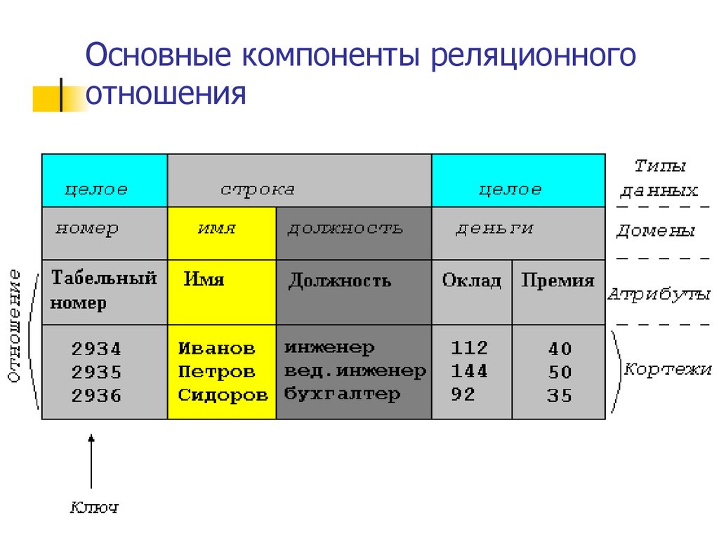 Тип данных отношение. Двумерная таблица. Простейшая двухмерная таблица определяется как. Типы данных атрибуты кортежи. Типы данных домены атрибуты.