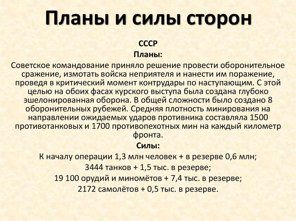 Силы и планы сторон