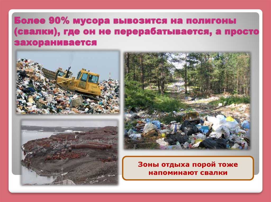 Более 90% мусора вывозится на полигоны (свалки), где он не перерабатывается, а просто захоранивается