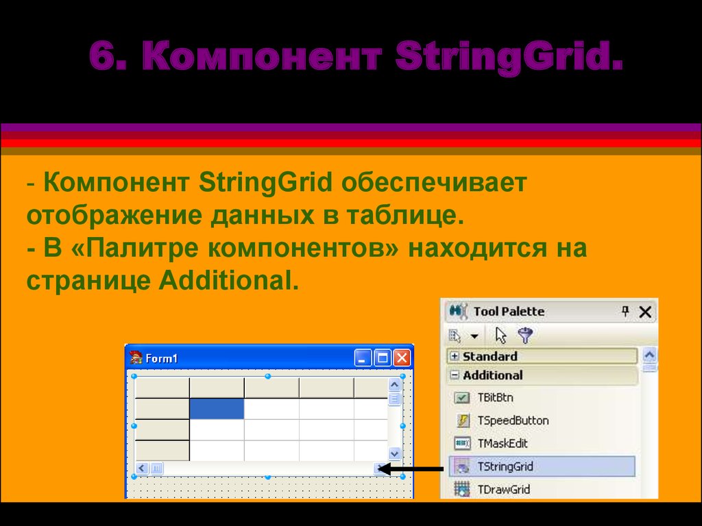 Программы для обработки большого массива данных. Компонент STRINGGRID. Компоненты, обеспечивающие отображение данных. Таблица STRINGGRID. Палитра компонентов отображает.