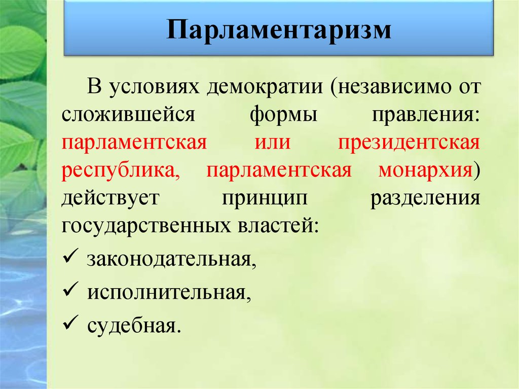 Парламентская демократия. Демократия и парламентаризм. Принцип парламентаризма в демократии. Признаки парламентской демократии. Демократия и парламентаризм политические реформы в России.