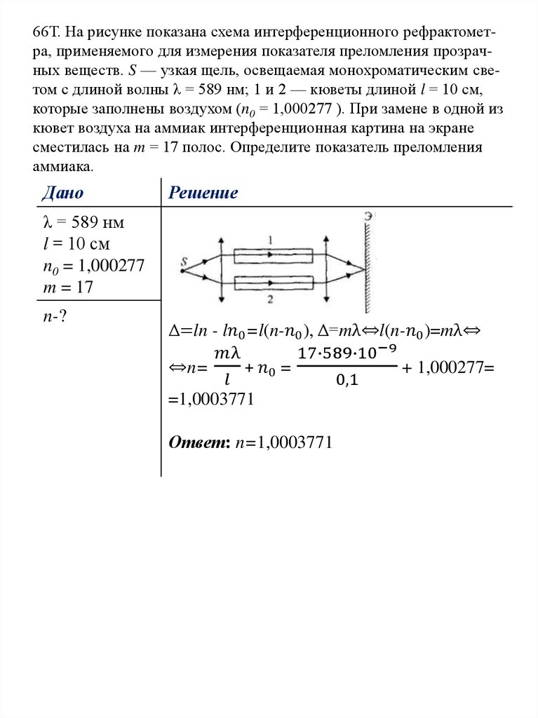 66Т. На рисунке показана схема интерференционного рефрактомет-ра, применяемого для измерения показателя преломления прозрач-ных веществ. S 
