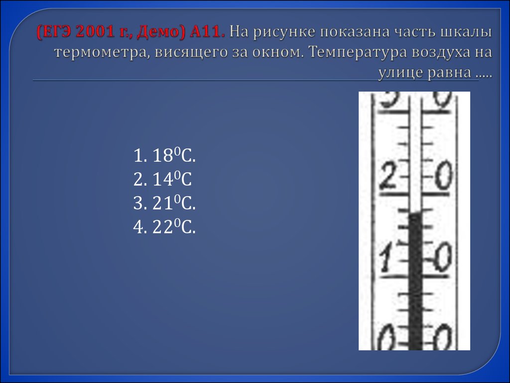 (ЕГЭ 2001 г., Демо) А11. На рисунке показана часть шкалы термометра, висящего за окном. Температура воздуха на улице равна .....