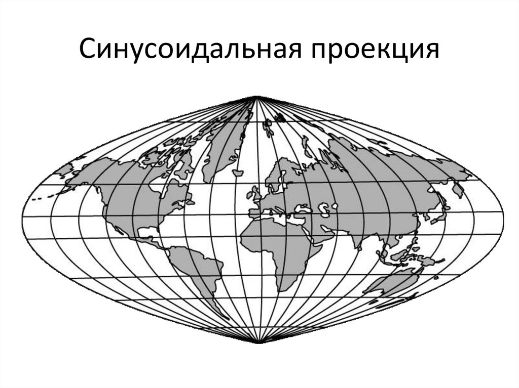 Искажение карты. Псевдоцилиндрическая равновеликая Сансона. Равновеликая псевдоцилиндрическая проекция Мольвейде. Равновеликая псевдоцилиндрическая синусоидальная проекция Сансона. Псевдоцилиндрическая эллиптическая проекция Каврайского.