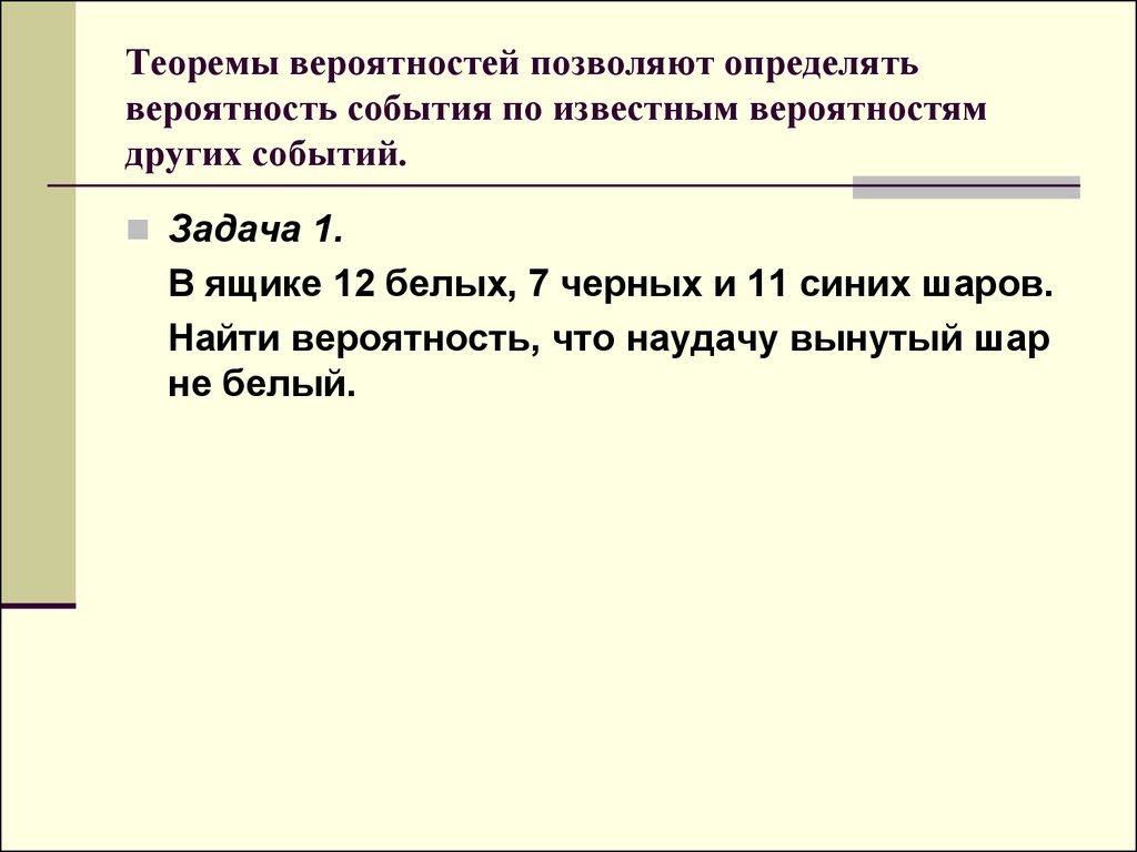 Вероятность сложных событий. 4 Теоремы вероятности. Теоремы о вероятностях событий. Сложные теоремы.