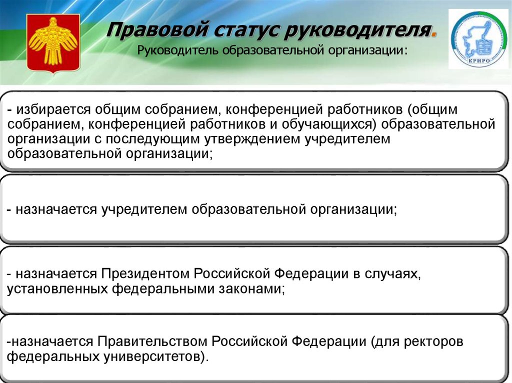 Руководителям организаций осуществляющих деятельность. Правовой статус образовательного учреждения схема. Правовой статус руководителя. Правовой статус руководителя образовательной организации. Правовой статус руководителя организации.