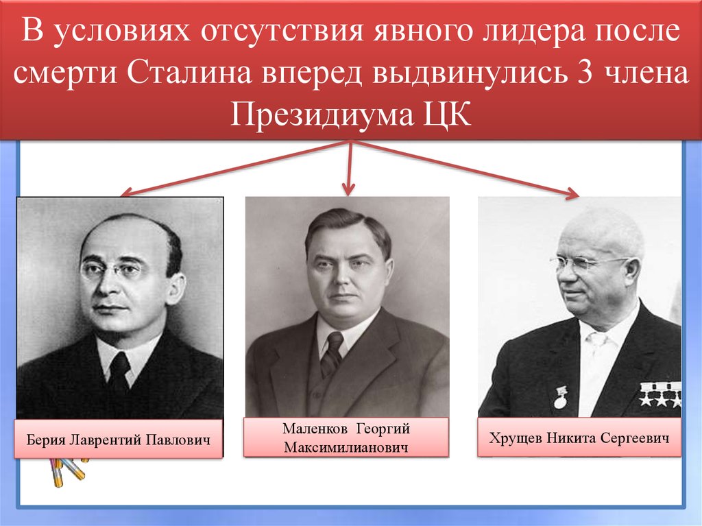 После смерти и в сталина партию возглавил. Маленков Берия Хрущев 1953. Маленков и Берия после смерти Сталина. Руководители СССР после Сталина.