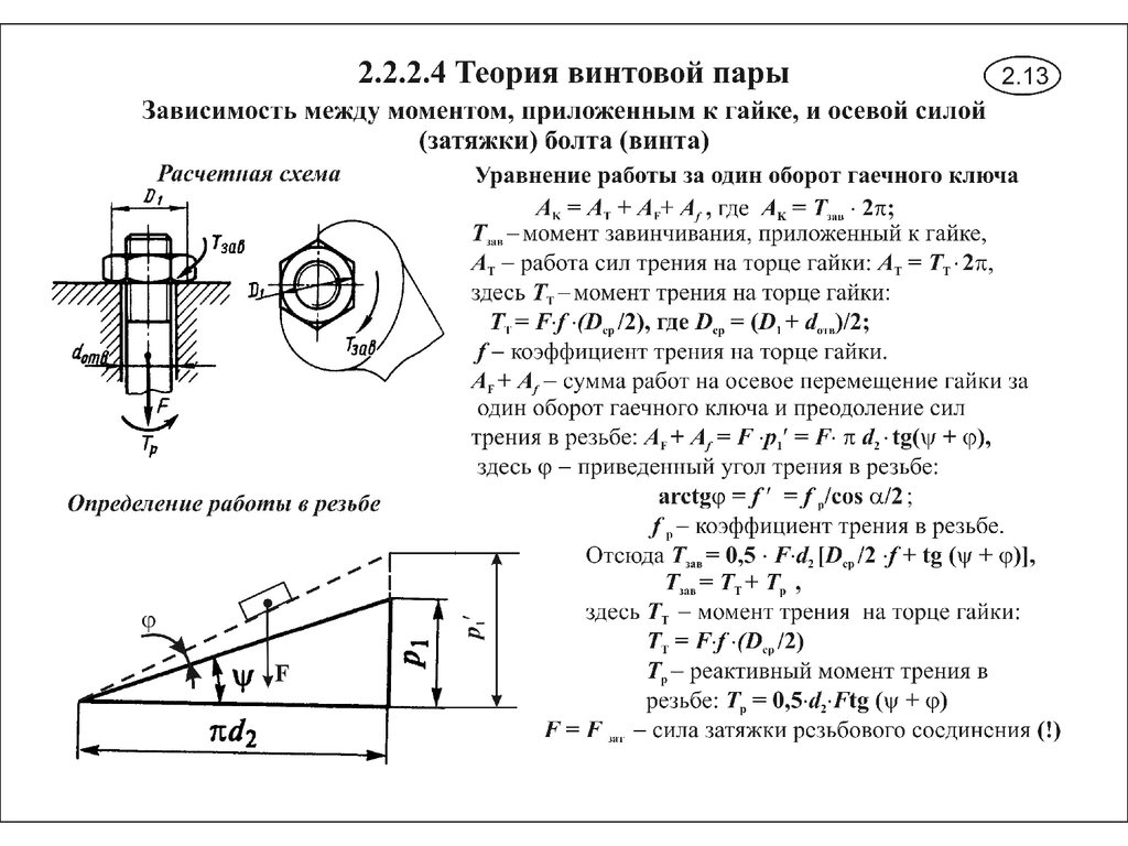 Усилие указанный. Усилие затяжки болтов расчет. Коэффициент трения резьбы формула. Натяжение болта расчетная схема. Момент затяжки резьбовых соединений формула.