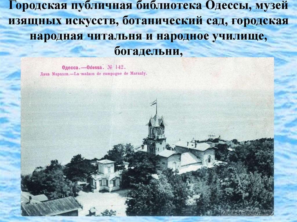 Городская публичная библиотека Одессы, музей изящных искусств, ботанический сад, городская народная читальня и народное училище, богадель