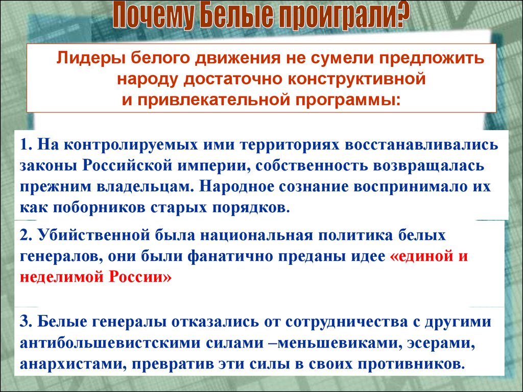 Зачем белая. Почему белые проиграли. Причины почему белые проиграли. Программа белого движения. Почему белые проиграли гражданскую.