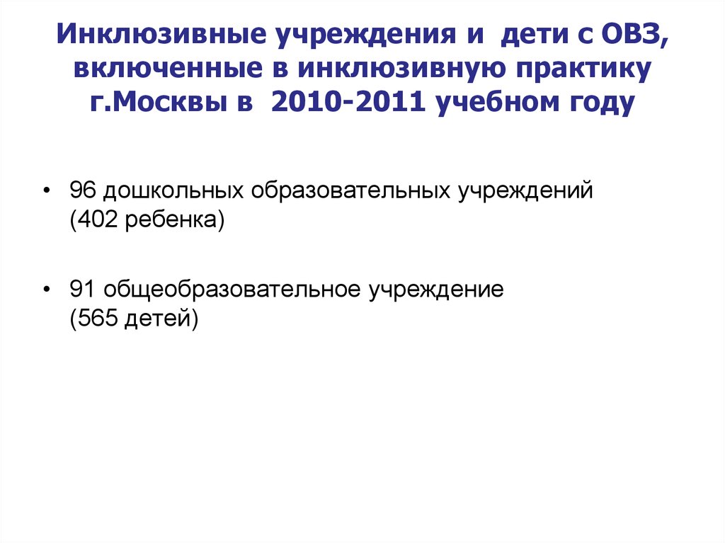 Инклюзивные учреждения и дети с ОВЗ, включенные в инклюзивную практику г.Москвы в 2010-2011 учебном году