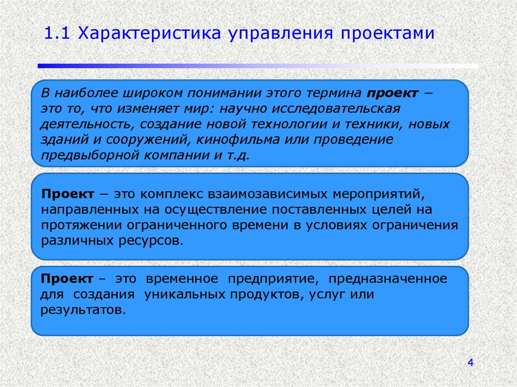 Дайте общую характеристику различных формулировок понятия проект