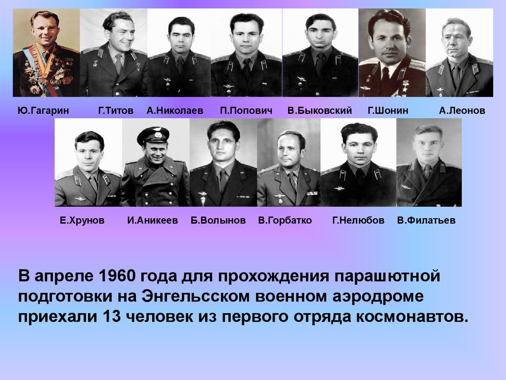 В апреле 1960 года для прохождения парашютной подготовки на Энгельсском военном аэродроме приехали 13 человек из первого отряда космонавтов.