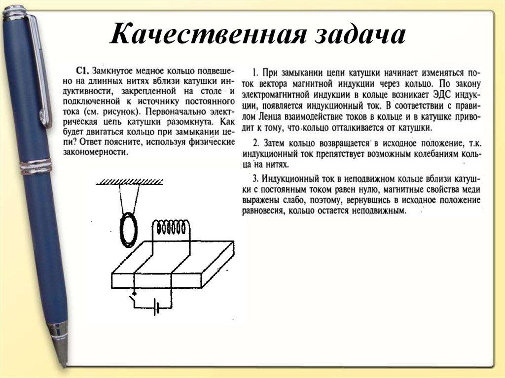 Качественная задача по физике ЕГЭ. Презентация решение задач части с физика. Из чего состоит ЕГЭ по физике. Замкнутое медное кольцо подвешено на длинных нитях вблизи катушки.