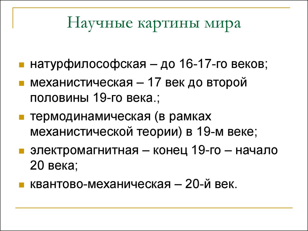 Научные картины мира этапы развития науки