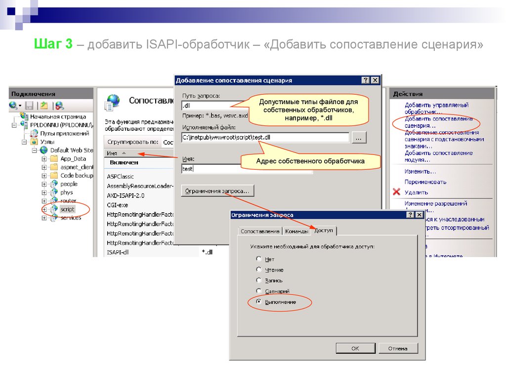 Ограничение запросов. Обработчик файлов. IIS сопоставления обработчика. Тип файл сценария. Приложения ISAPI.