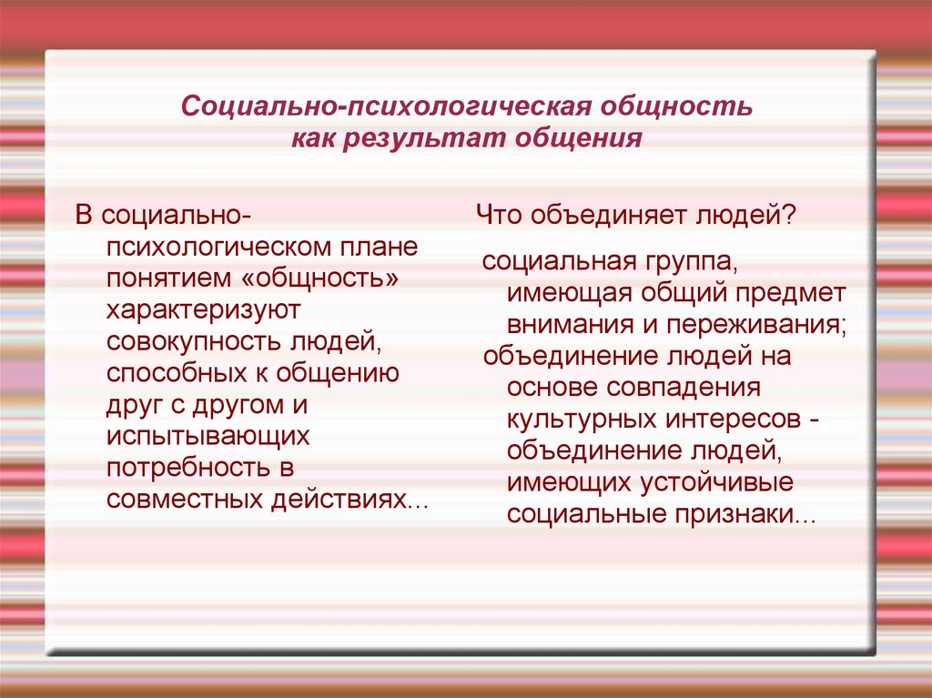 Социальные общности и группы. Социально-психологическая общность. Социально-психологическая общность как результат общения.. Психологическая общность. Психологические признаки общности.