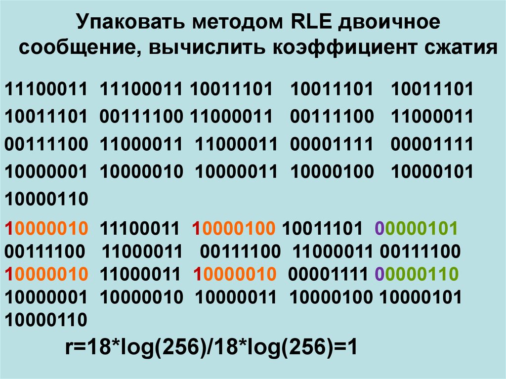 Упаковать методом RLE двоичное сообщение, вычислить коэффициент сжатия